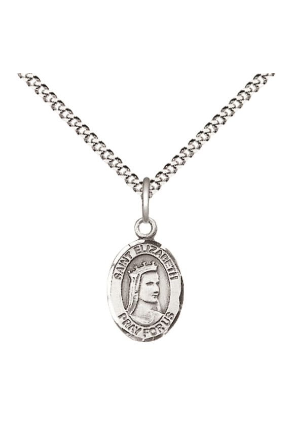 .925 Sterling Silver Saint Elizabeth of Hungary Medal Pendant on 18" Rhodium Plated Lite Curb Brass Chain w/ Lobster Claw Clasp, Catholic Religious Necklace - Made in USA- Velvet Gift Box