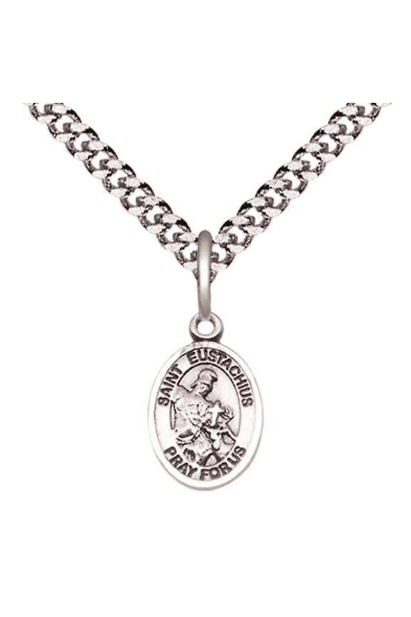Small .925 Sterling Silver Saint Eustachius Medal Pendant on 24 Inch Endless Rhodium Plated Heavy Curb Brass Chain, Catholic Religious Necklace -Made in USA- Deluxe Velvet Gift Box