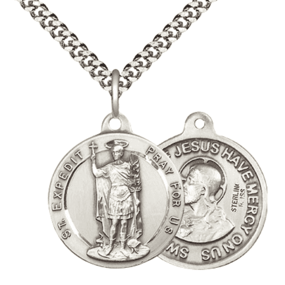 .925 Sterling Silver Saint Expedit Medal Pendant(7/8 x 7/8") on 24 Inch Endless Rhodium Plated Heavy Curb Chain -Made in USA, Deluxe Velvet Gift Box Included
