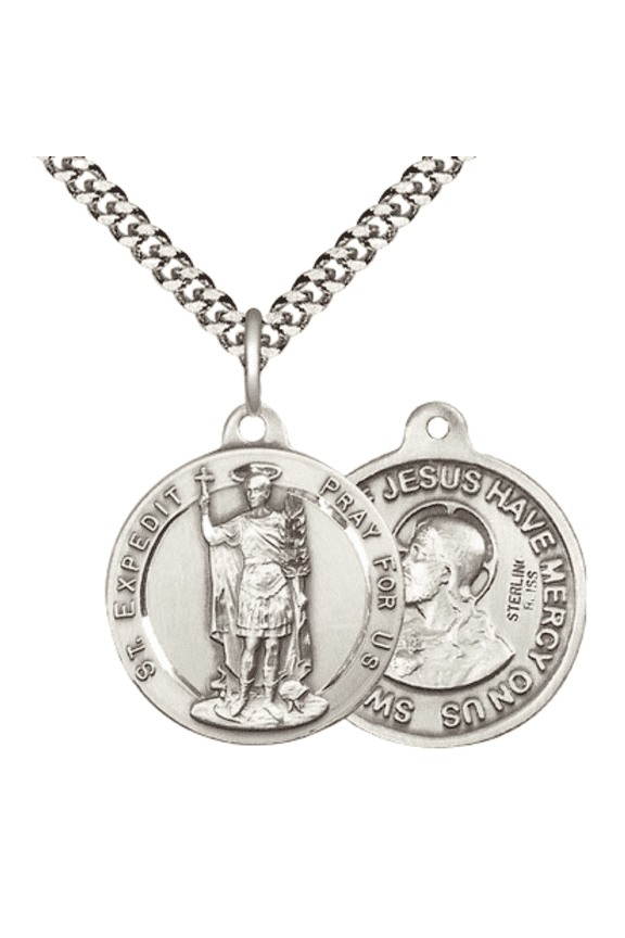 .925 Sterling Silver Saint Expedit Medal Pendant(7/8 x 7/8") on 24 Inch Endless Rhodium Plated Heavy Curb Chain -Made in USA, Deluxe Velvet Gift Box Included