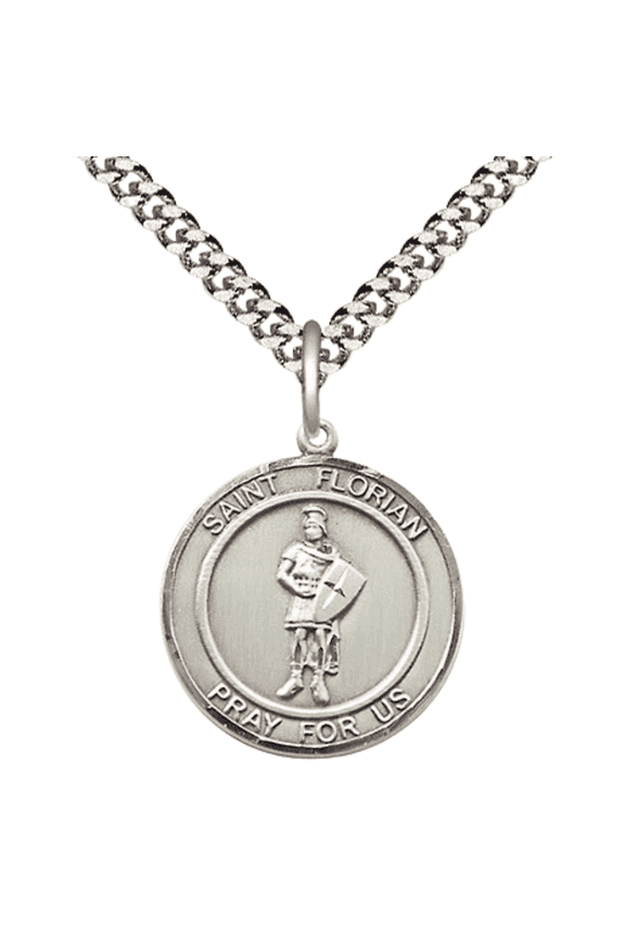 .925 Sterling Silver Saint Florian Medal Pendant on 24 Inch Endless Rhodium Plated Heavy Curb Brass Chain, Catholic Religious Necklace - Made in USA- Deluxe Velvet Gift Box