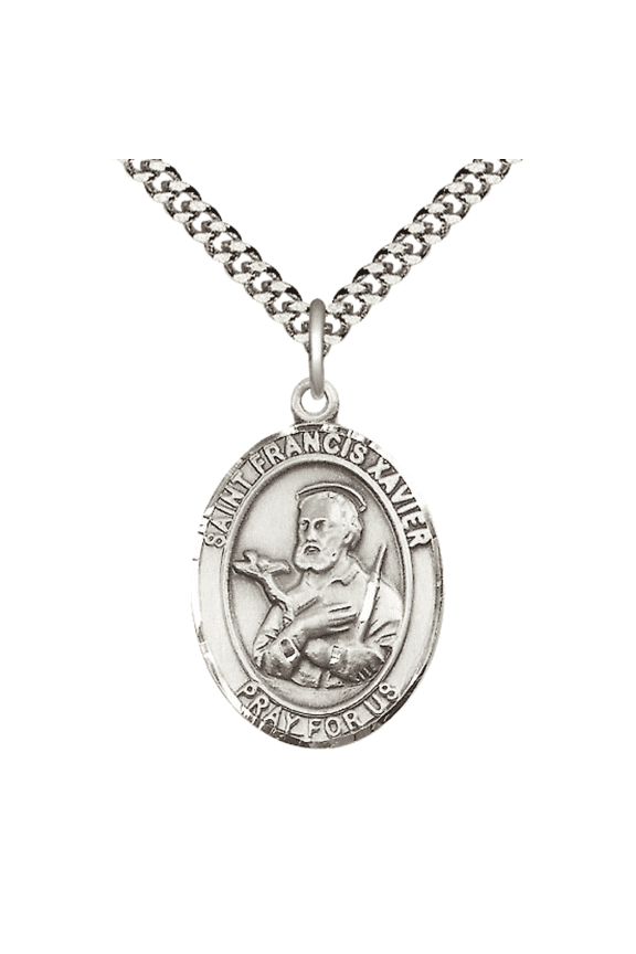 .925 Sterling Silver Saint Francis Xavier Medal Pendant on 24" Rhodium Plated Heavy Curb Brass Chain with Lobster Claw clasp, Catholic Religious Necklace -Made in USA- Deluxe Velvet Gift Box
