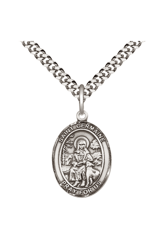 .925 Sterling Silver Saint Germaine Cousin Medal Pendant on 24 Inch Endless Rhodium Plated Heavy Curb Brass Chain, Catholic Religious Necklace -Made in USA- Deluxe Velvet Gift Box