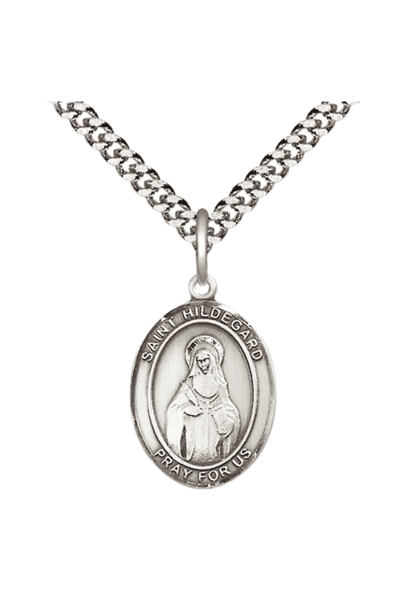 .925 Sterling Silver Saint Hildegard von Bingen Medal Pendant on 24 Inch Endless Rhodium Plated Heavy Curb Brass Chain, Catholic Religious Necklace -Made in USA- Deluxe Velvet Gift Box