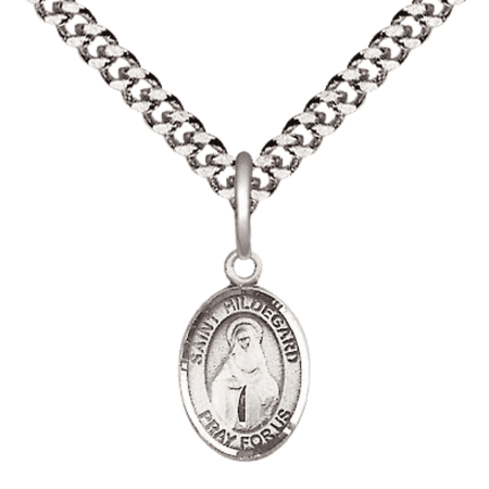 Small .925 Sterling Silver Saint Hildegard von Bingen Medal Pendant on 24 Inch Endless Rhodium Plated Heavy Curb Brass Chain, Catholic Religious Necklace -Made in USA- Deluxe Velvet Gift Box