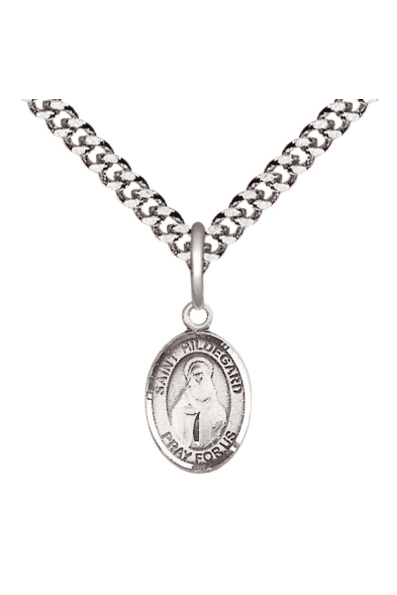 Small .925 Sterling Silver Saint Hildegard von Bingen Medal Pendant on 24 Inch Endless Rhodium Plated Heavy Curb Brass Chain, Catholic Religious Necklace -Made in USA- Deluxe Velvet Gift Box