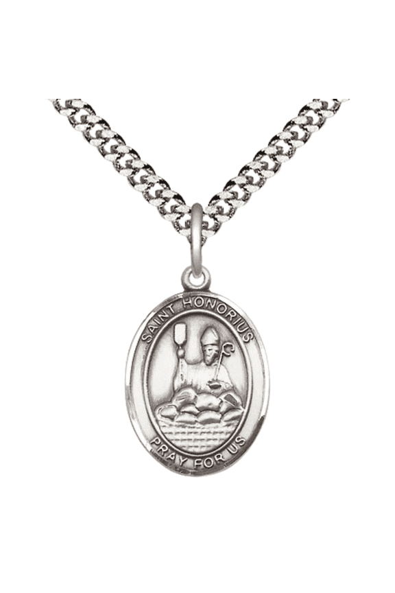 Medium .925 Sterling Silver Saint Honorius Medal Pendant on 24 Inch Endless Rhodium Plated Heavy Curb Brass Chain, Catholic Religious Necklace -Made in USA- Deluxe Velvet Gift Box