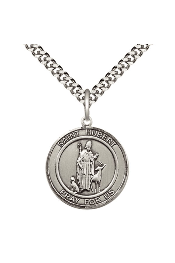 .925 Sterling Silver Saint Hubert of Liege Medal Pendant on 24 Inch Endless Rhodium Plated Heavy Curb Brass Chain, Catholic Religious Necklace -Made in USA- Deluxe Velvet Gift Box
