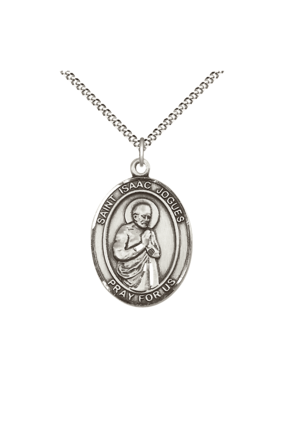 .925 Sterling Silver Saint Isaac Jogues Medal Pendant on 18 Inch Rhodium Plated Lite Curb Brass Chain w/ Lobster Claw Clasp,Catholic Religious Necklace -Made in USA- Deluxe Velvet Gift Box
