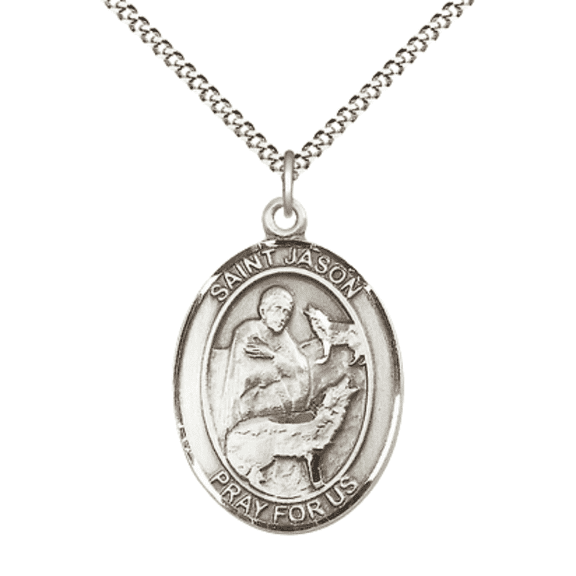 .925 Sterling Silver Saint Jason Medal Pendant on 18 Inch Rhodium Plated Lite Curb Brass Chain with Lobster Claw Clasp, Oval Patron Series Made in USA Deluxe Velvet Gift Box