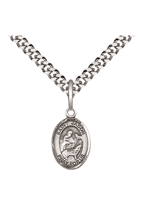 .925 Sterling Silver Saint Jason Medal Pendant on 24 Inch Endless Rhodium Plated Heavy Curb Brass Chain, Catholic Religious Necklace -Made in USA- Deluxe Velvet Gift Box