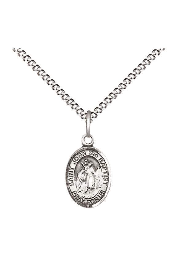 .925 Sterling Silver Saint John the Baptist Medal Pendant on 18 Inch Rhodium Plated Lite Curb Brass Chain with Lobster Claw Clasp, Catholic Religious Necklace - Made in USA- Velvet Gift Box