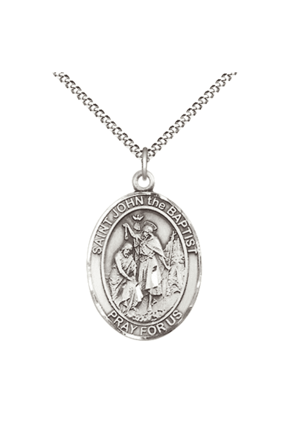 .925 Sterling Silver Saint John the Baptist Medal Pendant on 18" Rhodium Plated Lite Curb Brass Chain w/ Lobster Claw Clasp,Catholic Religious Necklace -Made in USA- Deluxe Velvet Gift Box