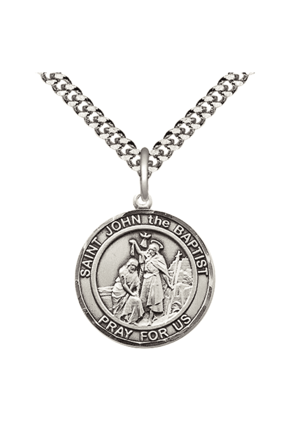 .925 Sterling Silver Saint John the Baptist Medal Pendant on 24 Inch Endless Rhodium Plated Heavy Curb Brass Chain, Catholic Religious Necklace - Made in USA- Deluxe Velvet Gift Box