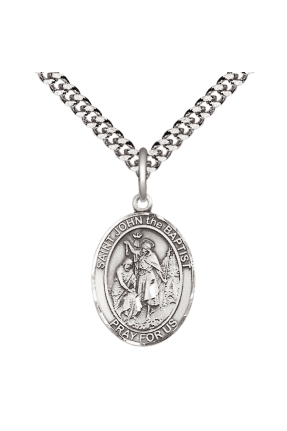 .925 Sterling Silver Saint John the Baptist Medal Pendant on 24 Inch Endless Rhodium Plated Heavy Curb Brass Chain, Catholic Religious Necklace -Made in USA- Deluxe Velvet Gift Box