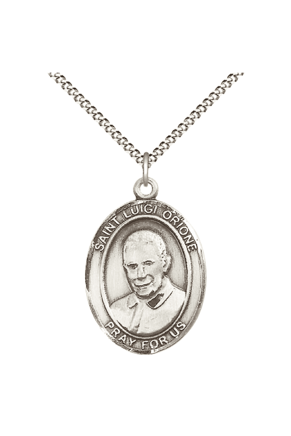 .925 Sterling Silver Saint Luigi Orione Medal Pendant on 18 Inch Rhodium Plated Lite Curb Brass Chain with Lobster Claw Clasp,Catholic Religious Necklace -Made in USA- Deluxe Velvet Gift Box