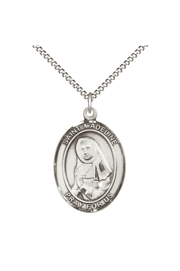 .925 Sterling Silver Saint Madeline Sophie Barat Medal Pendant on 18" Rhodium Plated Lite Curb Brass Chain w/ Lobster Claw Clasp,Catholic Religious Necklace -Made in USA- Velvet Gift Box