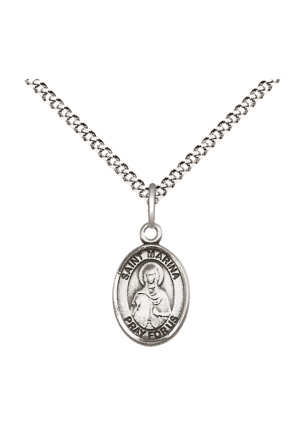 .925 Sterling Silver Saint Marina Medal Pendant on 18 Inch Rhodium Plated Lite Curb Brass Chain with Lobster Claw Clasp, Catholic Religious Necklace - Made in USA- Velvet Gift Box