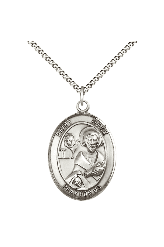 .925 Sterling Silver Saint Mark the Evangelist Medal Pendant on 18" Rhodium Plated Lite Curb Brass Chain w/ Lobster Claw Clasp,Catholic Religious Necklace -Made in USA-Deluxe Velvet Gift Box