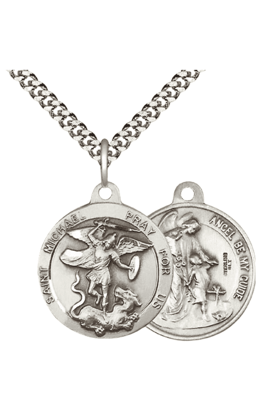 .925 Sterling Silver Saint Michael the Archangel Guardian Angel Medal Pendant on 24 Inch Endless Rhodium Plated Heavy Curb Chain -Catholic Religious Necklace Made in USA,Deluxe Velvet Gift Box