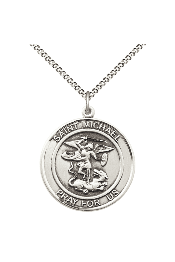 .925 Sterling Silver Saint Michael the Archangel Medal Pendant on 18" Rhodium Plated Lite Curb Brass Chain w/ Lobster Claw Clasp,Catholic Religious Necklace -Made in USA- Velvet Gift Box