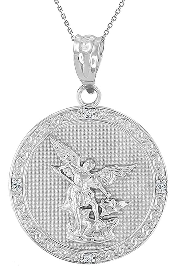 .925 Sterling Silver Saint Michael The Archangel White Cubic Zirconia Accented 1 Medal Pendant Necklace with Rolo Chain - 22" Chain