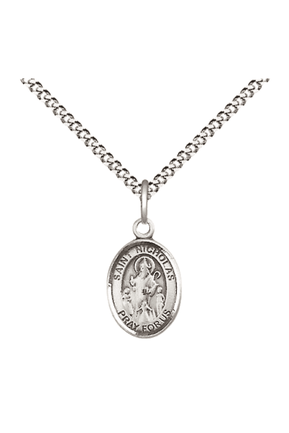 .925 Sterling Silver Saint Nicholas Medal Pendant on 18 Inch Rhodium Plated Lite Curb Brass Chain with Lobster Claw Clasp, Catholic Religious Necklace - Made in USA- Velvet Gift Box
