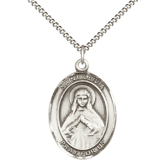 .925 Sterling Silver Saint Olivia Medal Pendant on 18 Inch Rhodium Plated Lite Curb Brass Chain with Lobster Claw Clasp,Catholic Religious Necklace -Made in USA- Deluxe Velvet Gift Box
