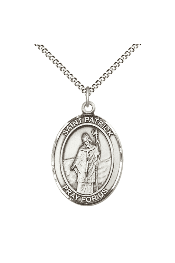 .925 Sterling Silver Saint Patrick Medal Pendant on 18 Inch Rhodium Plated Lite Curb Brass Chain w/ Lobster Claw Clasp,Catholic Religious Necklace -Made in USA- Deluxe Velvet Gift Box