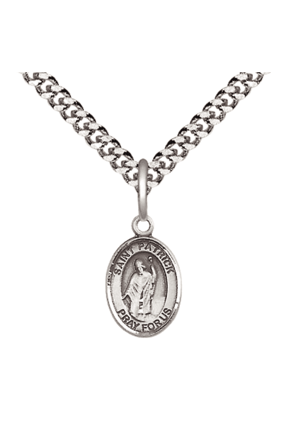 Small .925 Sterling Silver Saint Patrick Medal Pendant on 24 Inch Endless Rhodium Plated Heavy Curb Brass Chain, Catholic Religious Necklace -Made in USA- Deluxe Velvet Gift Box