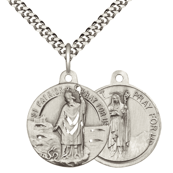 .925 Sterling Silver Saint Patrick Medal Pendant ( 7/8 x 7/8") on 24 Inch Endless Rhodium Plated Heavy Curb Chain -Made in USA, Deluxe Velvet Gift Box