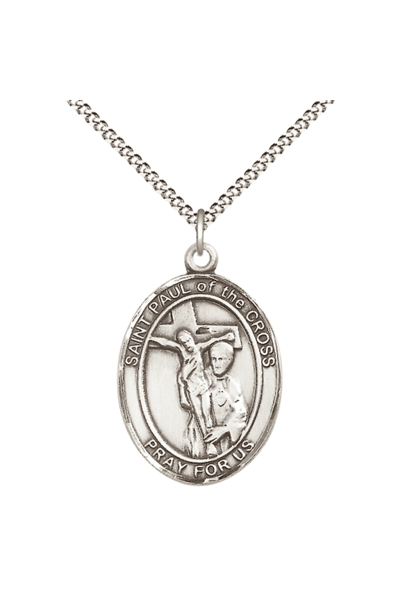 .925 Sterling Silver Saint Paul of the Cross Medal Pendant on 18" Rhodium Plated Lite Curb Brass Chain with Lobster Claw Clasp,Catholic Religious Necklace -Made in USA- Velvet Gift Box