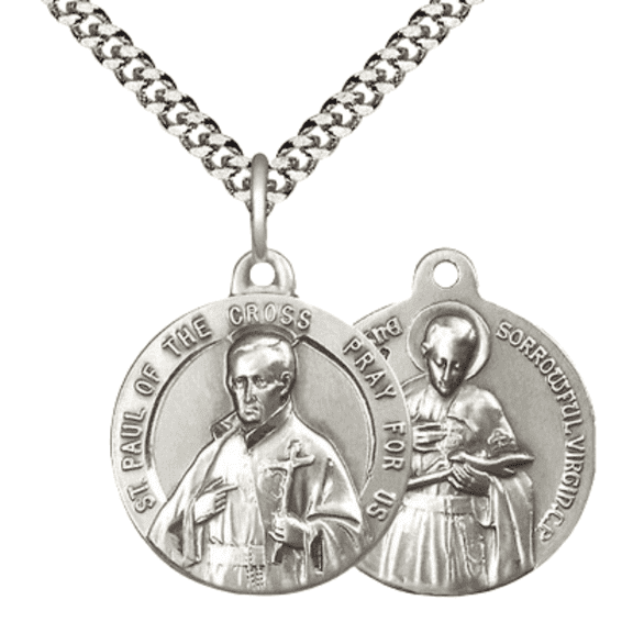 .925 Sterling Silver Saint Paul of the Cross Medal Pendant (7/8 x 7/8") on 24 Inch Endless Rhodium Plated Heavy Curb Chain -Made in USA, Deluxe Velvet Gift Box