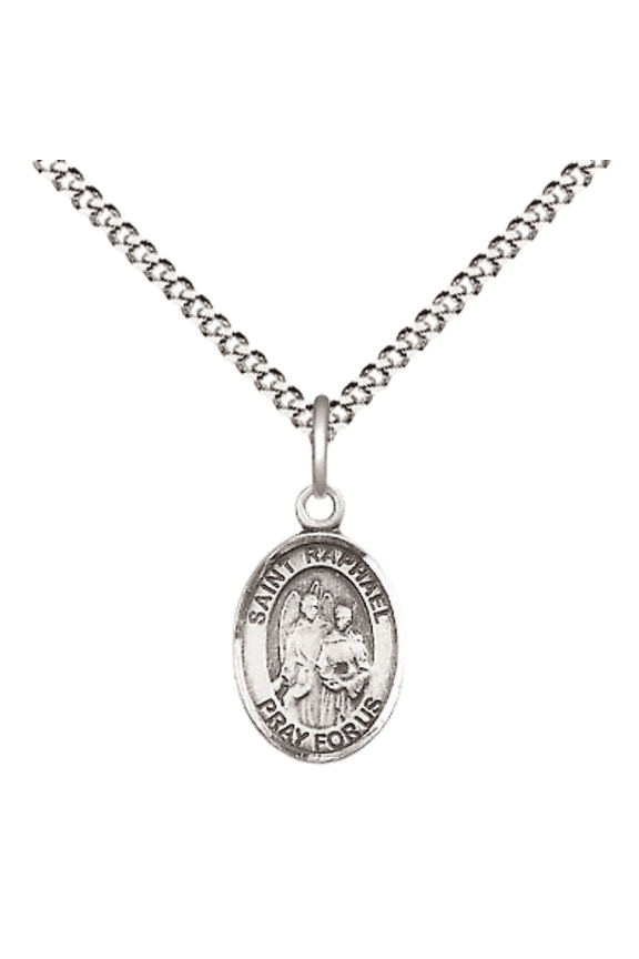 .925 Sterling Silver Saint Raphael the Archangel Medal Pendant on 18" Rhodium Plated Lite Curb Brass Chain w/ Lobster Claw Clasp, Catholic Religious Necklace - Made in USA- Velvet Gift Box