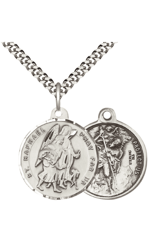 .925 Sterling Silver Saint Raphael the Archangel Medal Pendant on 24 Inch Endless Rhodium Plated Heavy Curb Chain -Catholic Religious Necklace Made in USA,Deluxe Velvet Gift Box