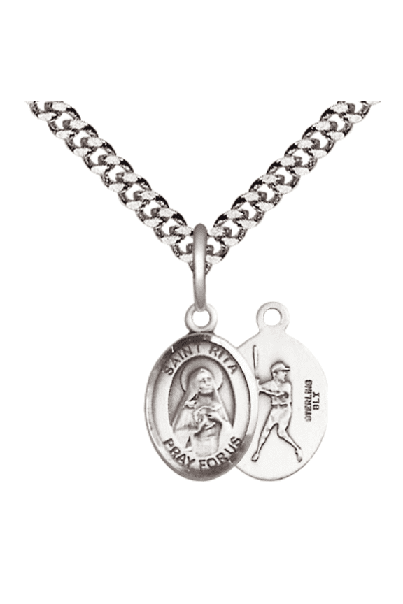 .925 Sterling Silver Saint Rita Baseball Medal Pendant on 24 Inch Endless Rhodium Plated Heavy Curb Brass Chain, Catholic Religious Necklace -Made in USA- Deluxe Velvet Gift Box