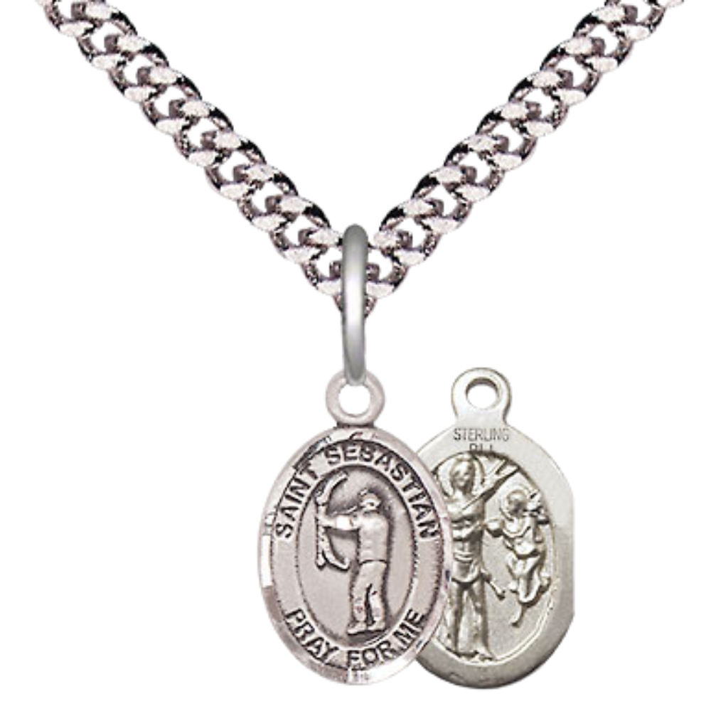 925 Sterling Silver Saint Sebastian Archery Medal Pendant on  St. Sebastian Sterling Silver Religious Medal Necklace 24” Heavy Curb Chain main image 0