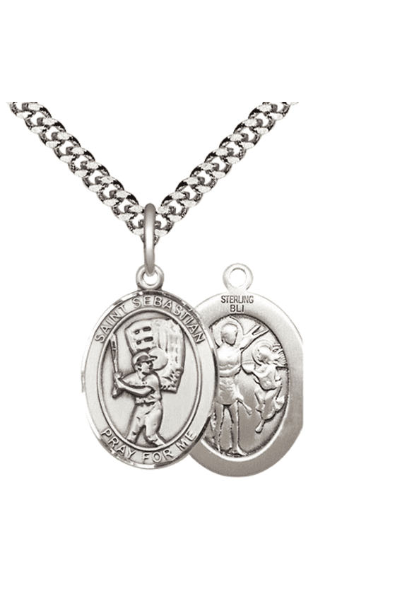 Medium .925 Sterling Silver Saint Sebastian Baseball Medal Pendant on 24 Inch Endless Rhodium Plated Heavy Curb Brass Chain, Catholic Religious Necklace -Made in USA- Deluxe Velvet Gift Box