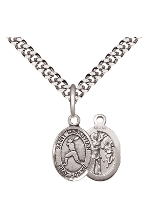 Small .925 Sterling Silver Saint Sebastian Baseball Medal Pendant on 24 Inch Endless Rhodium Plated Heavy Curb Brass Chain, Catholic Religious Necklace -Made in USA- Deluxe Velvet Gift Box
