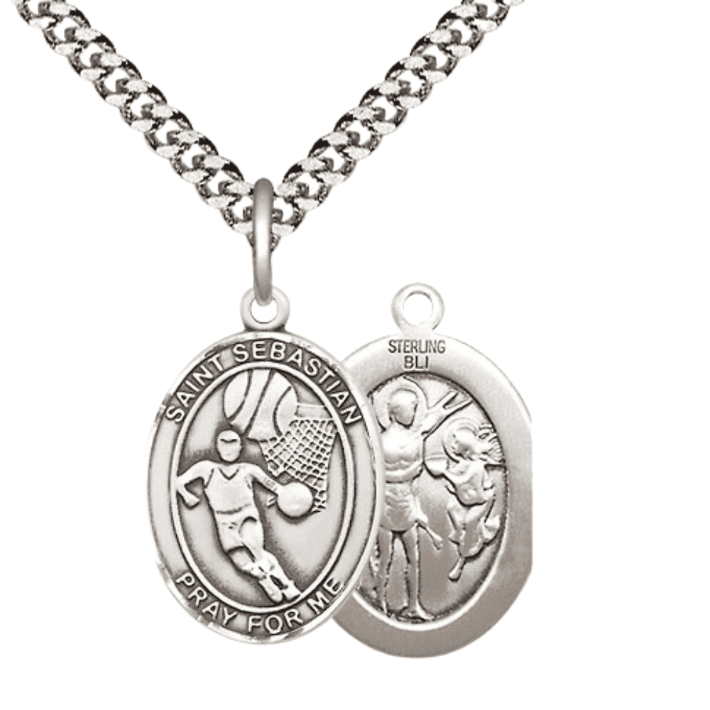 .925 Sterling Silver Saint Sebastian Basketball Medal Pendant on 24 ...