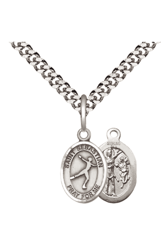 .925 Sterling Silver Saint Sebastian Figure Skating Medal Pendant on 24 Inch Endless Rhodium Plated Heavy Curb Brass Chain, Catholic Religious Necklace -Made in USA- Deluxe Velvet Gift Box