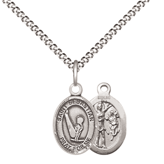 .925 Sterling Silver Saint Sebastian Gymnastics Medal Pendant on 18" Rhodium Plated Lite Curb Brass Chain w/ Lobster Claw Clasp, Catholic Religious Necklace - Made in USA- Velvet Gift Box