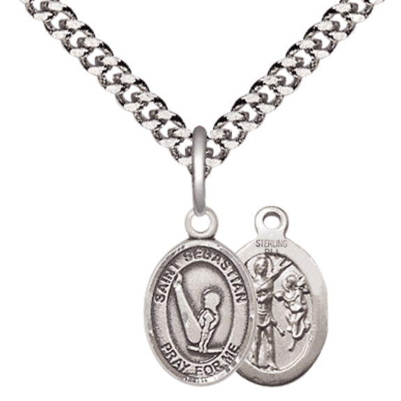 Small .925 Sterling Silver Saint Sebastian Gymnastics Medal Pendant on 24 Inch Endless Rhodium Plated Heavy Curb Brass Chain, Catholic Religious Necklace -Made in USA- Deluxe Velvet Gift Box