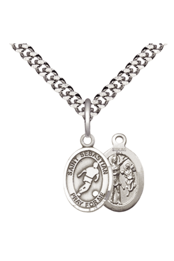 .925 Sterling Silver Saint Sebastian Soccer Medal Pendant on 24 Inch Endless Rhodium Plated Heavy Curb Brass Chain, Catholic Religious Necklace -Made in USA- Deluxe Velvet Gift Box
