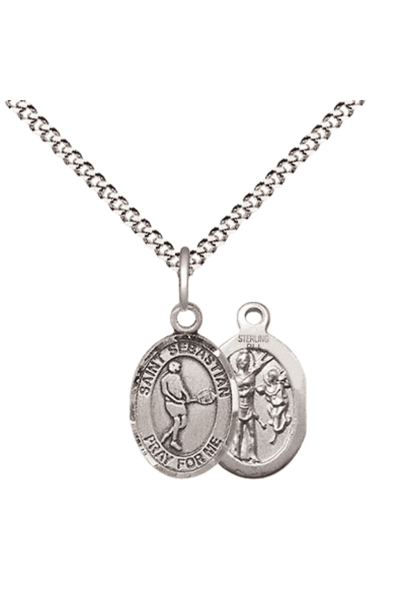 .925 Sterling Silver Saint Sebastian Tennis Medal Pendant on 18 Inch Rhodium Plated Lite Curb Brass Chain with Lobster Claw Clasp, Catholic Religious Necklace - Made in USA- Velvet Gift Box