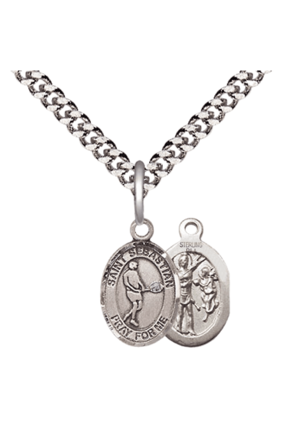 .925 Sterling Silver Saint Sebastian Tennis Medal Pendant on 24 Inch Endless Rhodium Plated Heavy Curb Brass Chain, Catholic Religious Necklace -Made in USA- Deluxe Velvet Gift Box