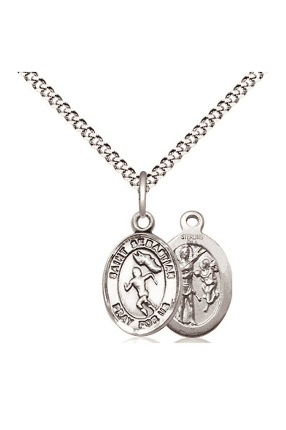 .925 Sterling Silver Saint Sebastian Track and Field Medal Pendant on 18" Rhodium Plated Lite Curb Brass Chain w/ Lobster Claw Clasp, Catholic Religious Necklace-Made in USA- Velvet Gift Box