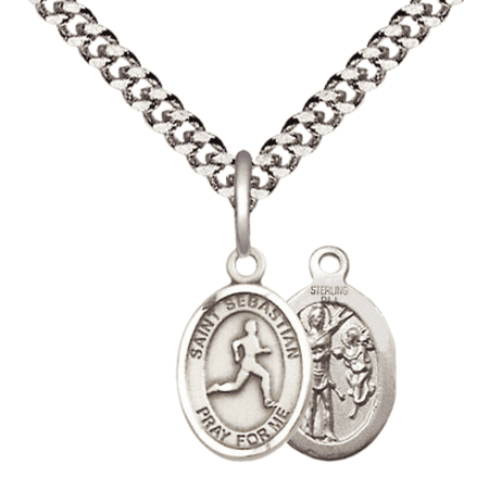 .925 Sterling Silver Saint Sebastian Track and Field Medal Pendant on 24 Inch Endless Rhodium Plated Heavy Curb Brass Chain, Catholic Religious Necklace -Made in USA- Deluxe Velvet Gift Box