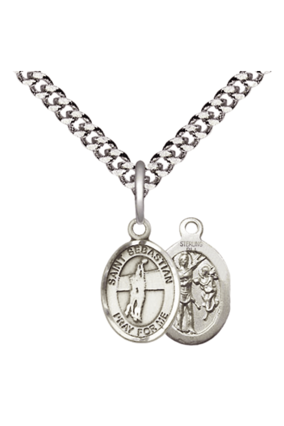 .925 Sterling Silver Saint Sebastian Volleyball Medal Pendant on 24 Inch Endless Rhodium Plated Heavy Curb Brass Chain, Catholic Religious Necklace -Made in USA- Deluxe Velvet Gift Box
