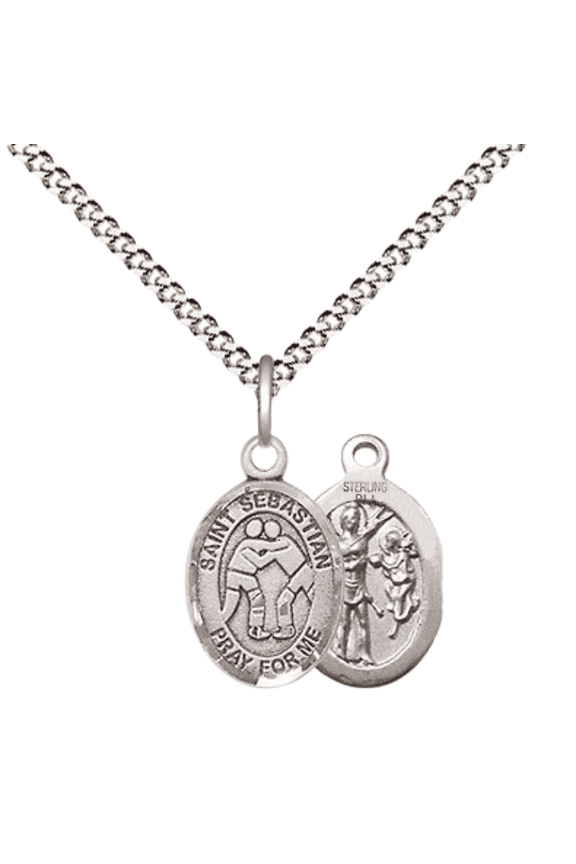 .925 Sterling Silver Saint Sebastian Wrestling Medal Pendant on 18 Inch Rhodium Plated Lite Curb Brass Chain w/ Lobster Claw Clasp, Catholic Religious Necklace - Made in USA- Velvet Gift Box